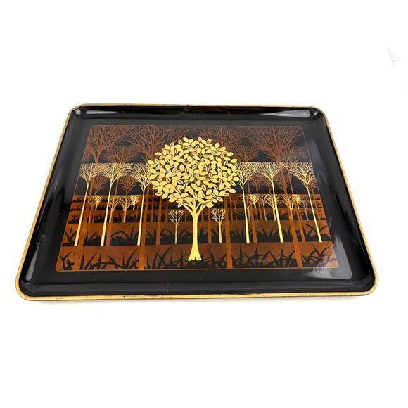 VTG Lacquerware Serving Tray Otagiri Original Japan Gold Gilt Tree Forest 14" - Picture 1 of 13